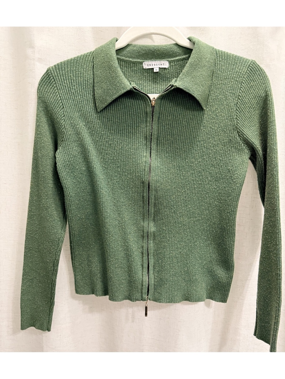 Crescent Sz M Green Ribbed Knit Zip-Up Sweater Cardigan